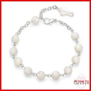 Mother of Pearl Rosary Bracelet, Stainless Steel Chain, 8.7 Inch